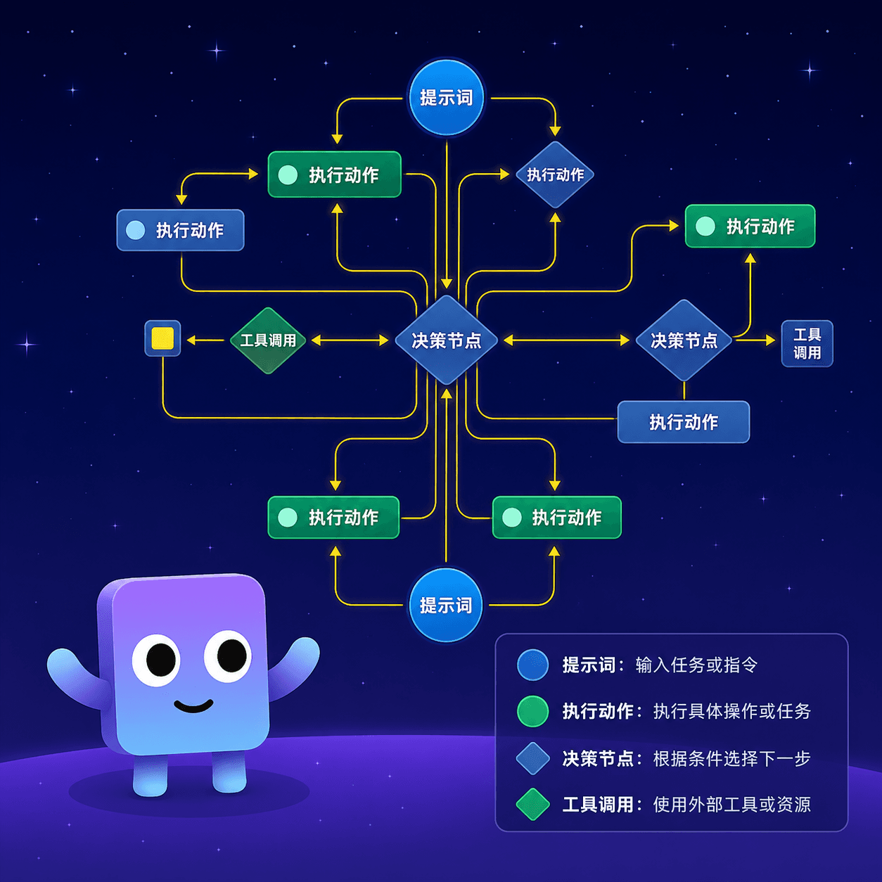 AI 智能体工作流界面,包含机器人助手和数字仪表盘