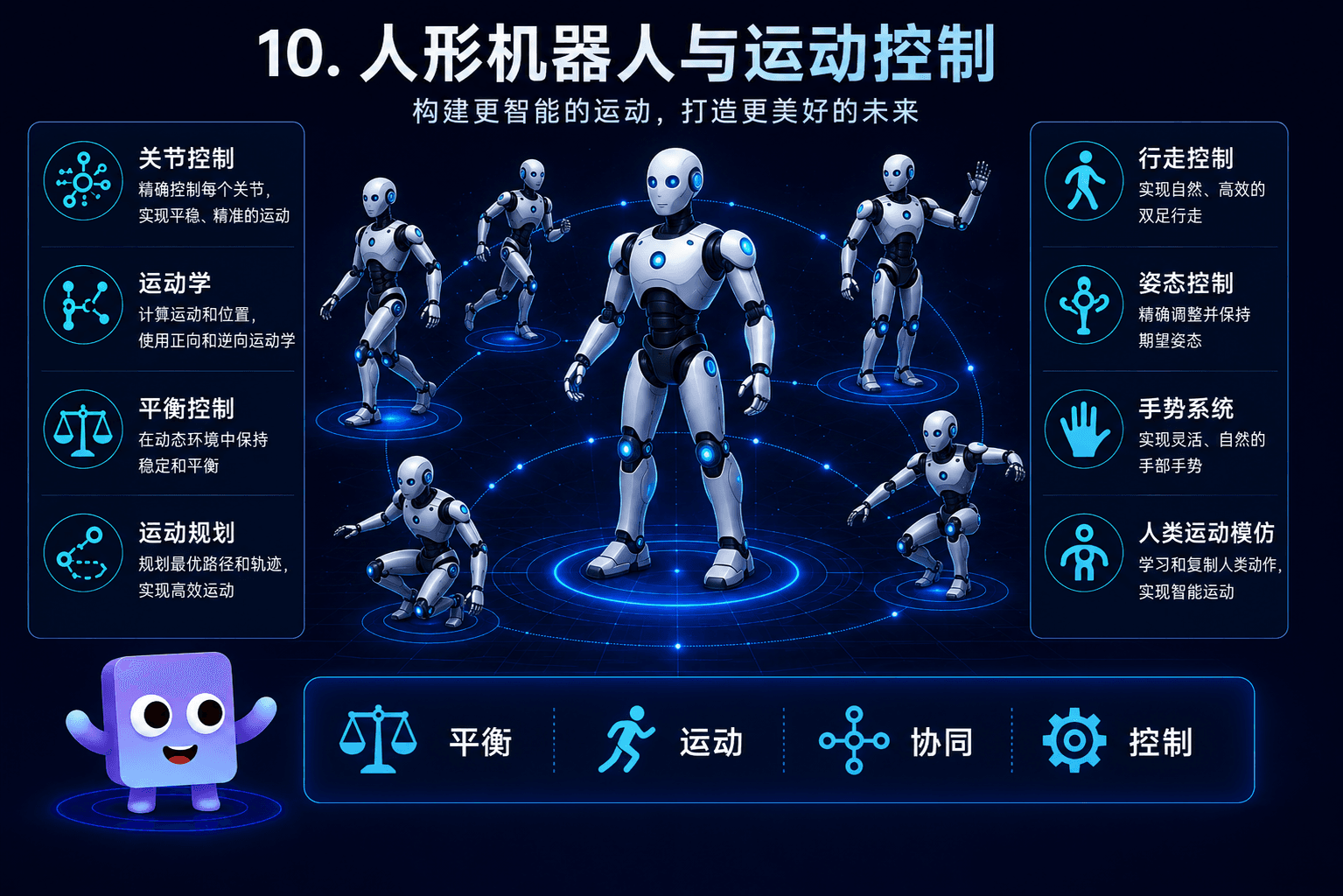 人形机器人与运动控制图示,包含行走、平衡、手势和姿态控制