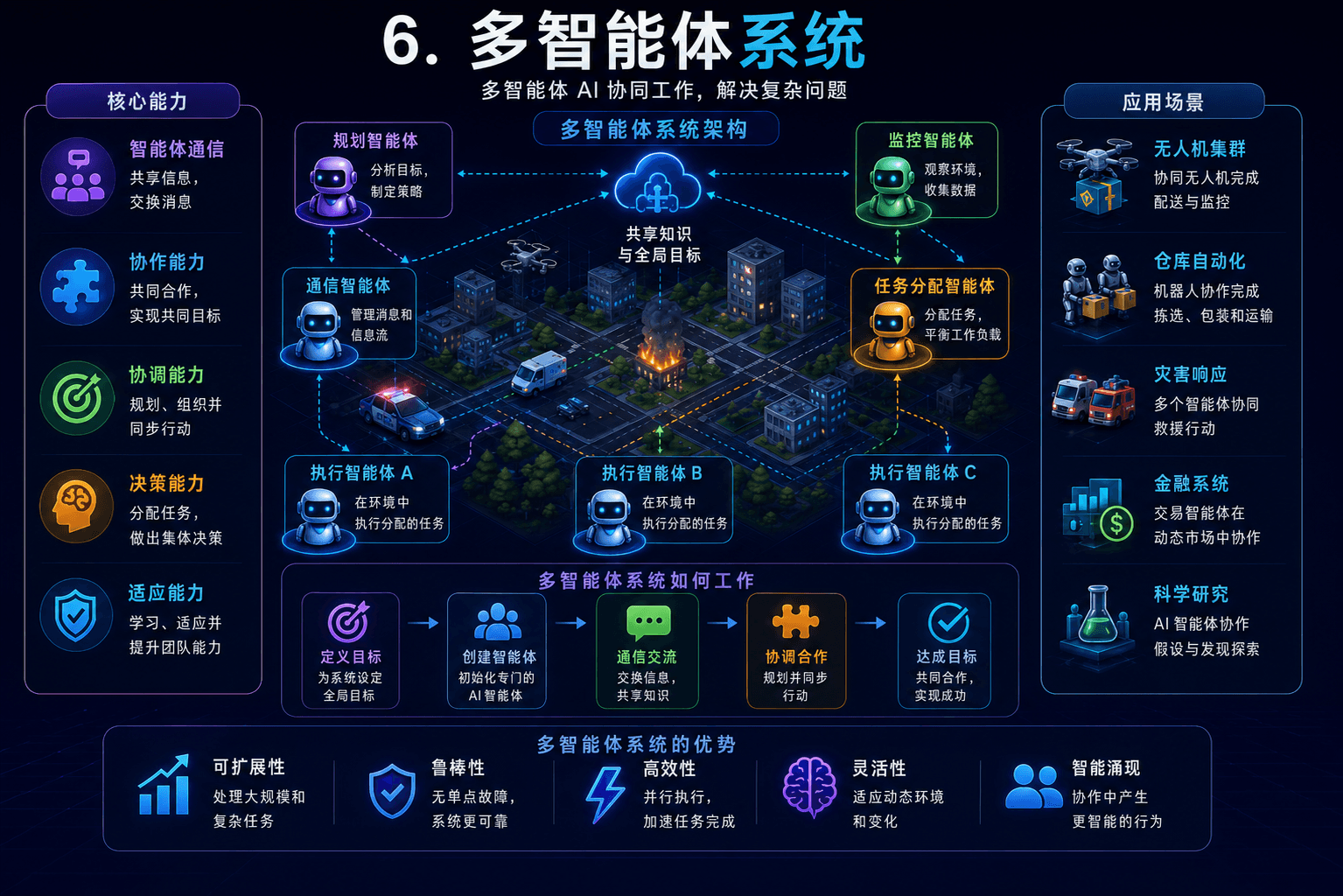 多智能体系统图示,展示协作 AI Agent 的协调方式