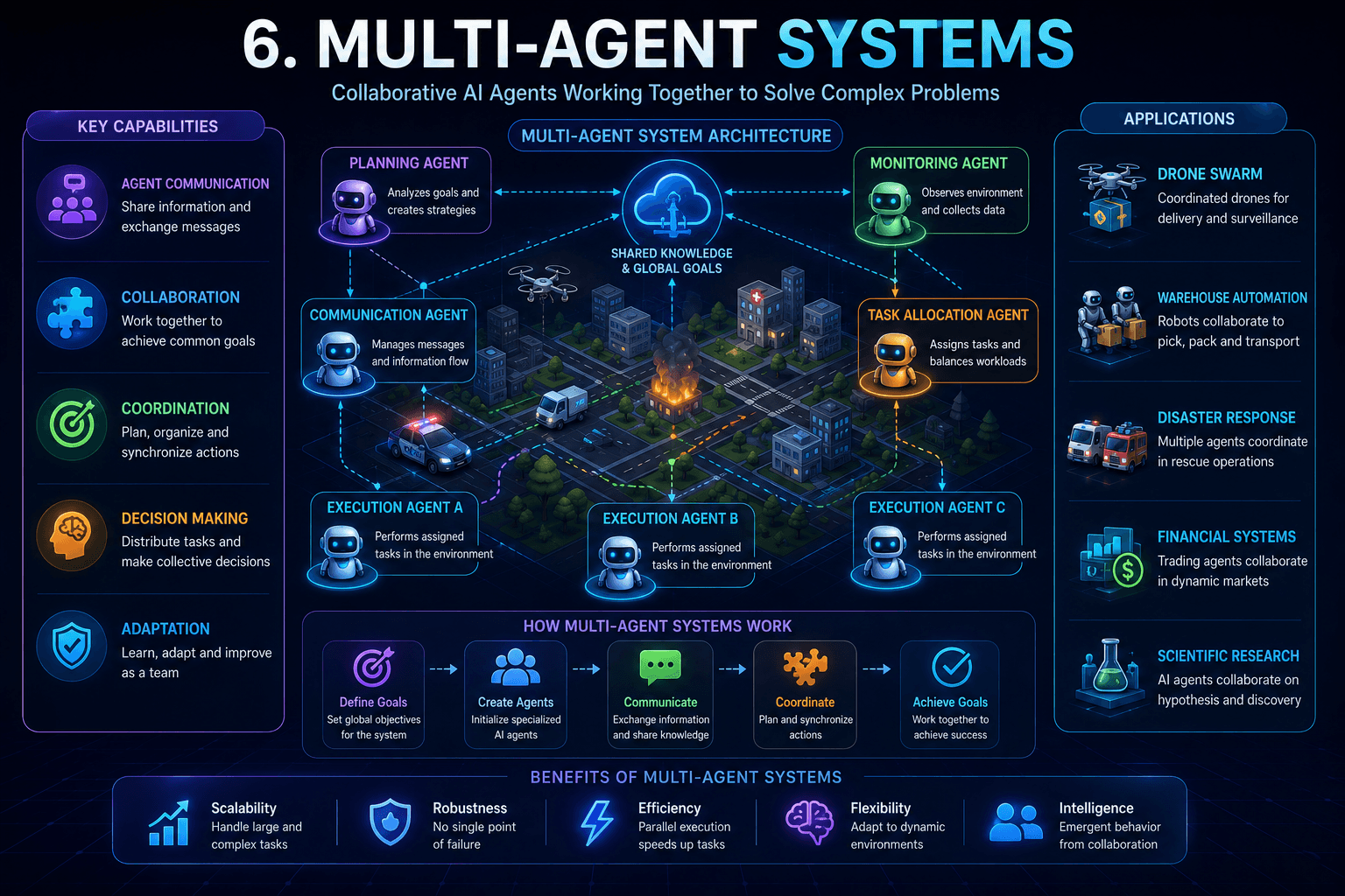 Multi-agent systems diagram showing collaborative AI agents coordinating across applications