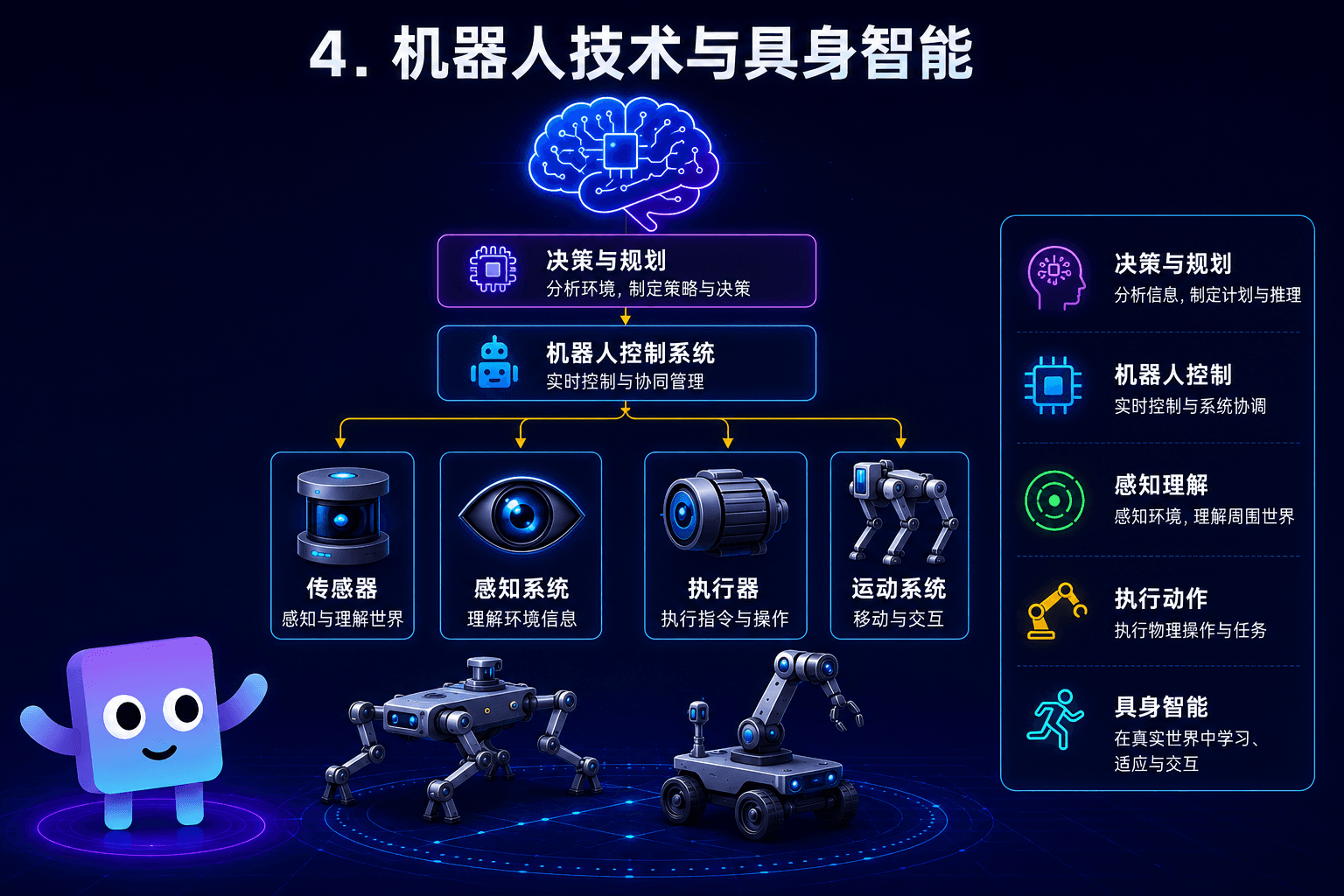 机器人与具身智能图示,包含传感器、感知、执行器和移动能力